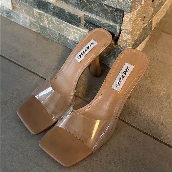 Steve Madden Elated Tan and Clear Block Heel Sandals 👡 Size 7 - Picture 1 of 6